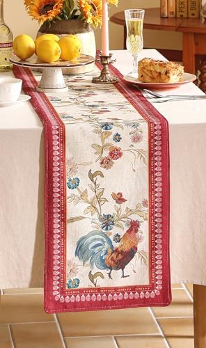 patdrea Designer Farmhouse Linen Extra Long Table Runner,Rustic Cottage Mauve with Rooster and Floral Pattern Fabric Table Mat,Decoration for Kitchen Dining Christmas New Year Banquet, 12"*118"