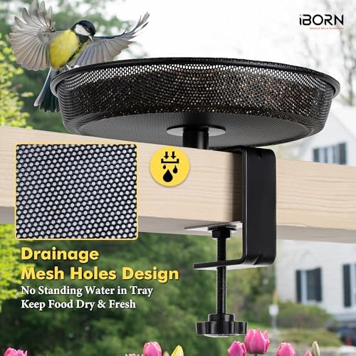 iBorn Deck Bird Feeders for Outdoors,Platform Bird Seed Tray with 1.4 lbs Capacity,Balcony Porch Railing Bird Feeder, Drainage Mesh Holes,Tilt-Proof, Windproof, Anti-Loosen, Easy to Refill&Clean,Black