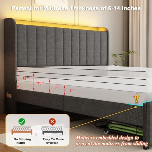 Full Size Bed Frames with Storage Headboard and 2 Drawers, Upholstered Platform Bed Frame Full with Led Lights and Handy Charging Station, No Box Spring Needed, Easy Assembly, Noise Free, Gray