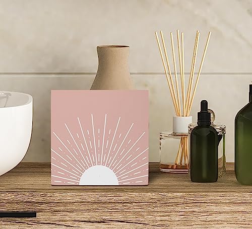 KU-DaYi Abstract Boho Sun Sunrise Sunshine Blush Pink Wood Box Sign Rustic Farmhouse Style Wood Block Plaque Decor for Bohemian Home Girls Room Wall Desk Shelf Decoration