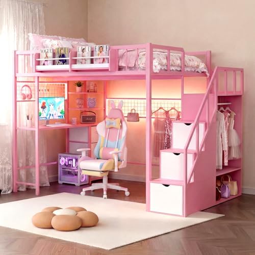 Loft Bed with Desk and Stairs, Headboard, Outlet (Pink, Twin)