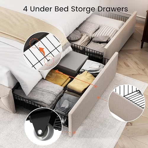 LARMACE Full Size Bed Frame with 4 Storage Drawers and Wingback Headboard Linen Upholstered Platform Bed Frame Tufted Beds with Wooden Slats Support, Easy Assembly, Beige