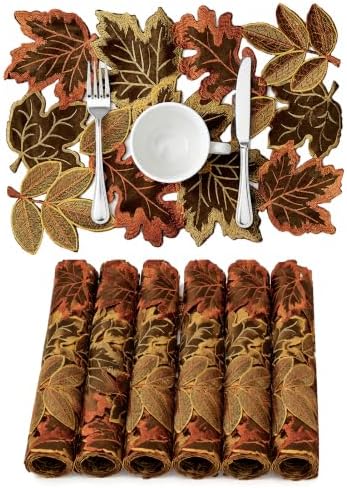 Embroidered Fall Placemats Set of 6, 15 in, Thanksgiving Round Table Mats