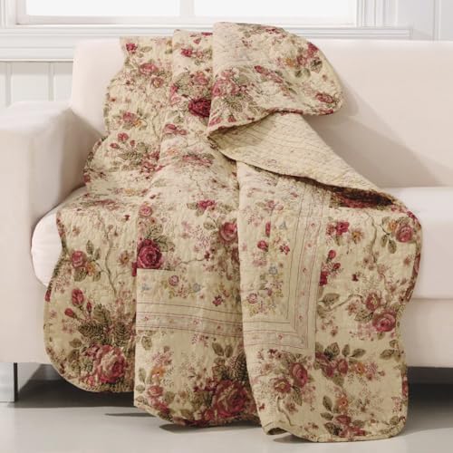 Greenland Home Fashions Antique Rose - Classic Traditional Floral - 100% Cotton Quilted Throw Blanket, 50 x 60 inches, Ecru (Pack of 6)