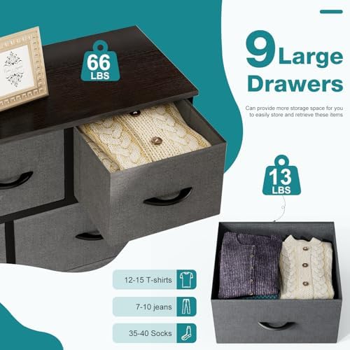 OLIXIS 9 Drawer Fabric Dresser for Bedroom, Chest of Drawers Organizer