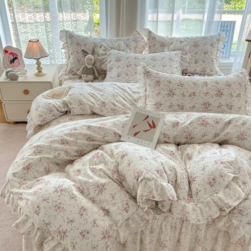 Pink Floral Muslin Duvet Cover Set 3 Pcs,68"×86" Twin Bedding