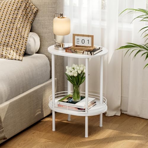 White Oval Nightstand Set of 2, Small Modern Round Side Table with Storage