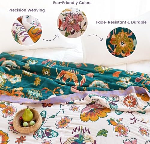 MSGKV Boho Throw Blanket 90"x90" Fall Cotton Floral Queen Size Blanket