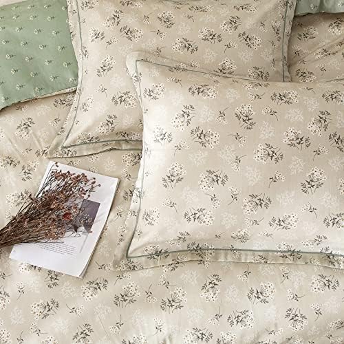 mixinni Boho Chic Printing Beige Duvet Cover Set Twin XL Vintage Green Floral Soft Cotton Bedding Comforter Cover with 1 Flower Duvet Cover 2 Pillowcases Perfect for Girls-(3pcs, Twin XL)