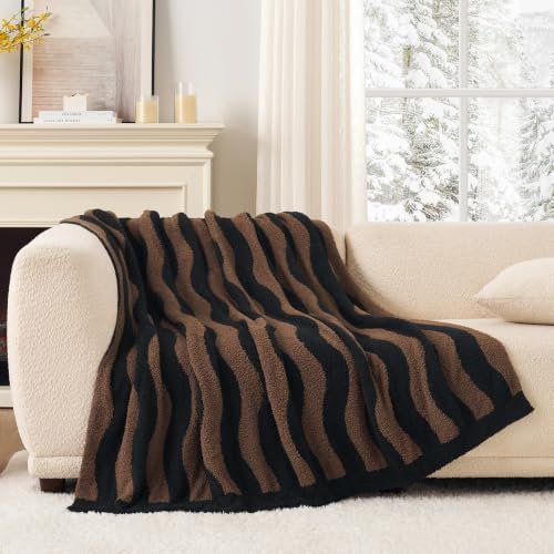 Snuggle Sac Wave Stripe Throw Blanket for Couch, Fuzzy Microfiber Blankets, Throws for Girls Daughter Gifts for Kid, Wave Chocolate Brown, 60x80 inches