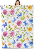 Spring Floral and Butterfly Blanket Lightweight Blankets Gifts for Women Flannel Throw with Pink, Blue and Yellow on White Background Printed for Sofa, Bed, Office, Decor Throws 80x60 Inch