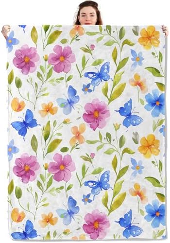 Spring Floral and Butterfly Blanket Lightweight Blankets Gifts for Women Flannel Throw with Pink, Blue and Yellow on White Background Printed for Sofa, Bed, Office, Decor Throws 80x60 Inch
