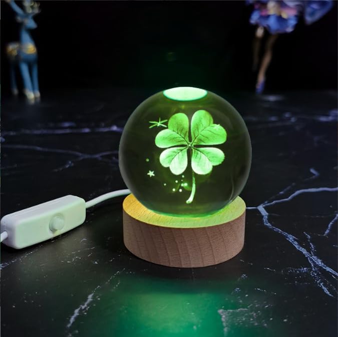 80mm Four Leaf Clover 3D Crystal Ball, Remote Control, LED Light Base, 16 Colors Change, Glass Sphere Lamp, Good Luck Gifts for Women Kids
