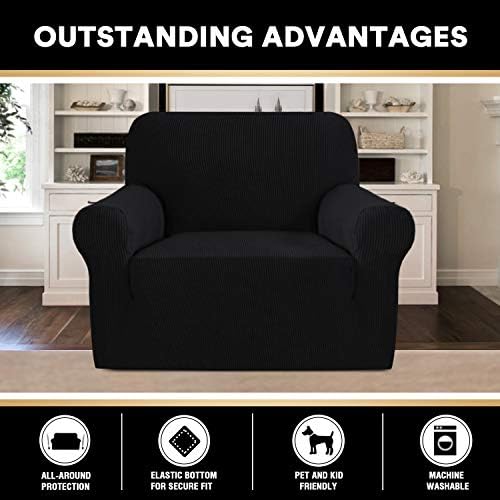 PrinceDeco Stretch Chair Cover Chair Slipcovers with Arms 1-Piece Chair Sofa Slipcovers or Living Room Non Slip Armchair Cover Furniture Protector Dogs Pet Friendly(Armchair,Black)