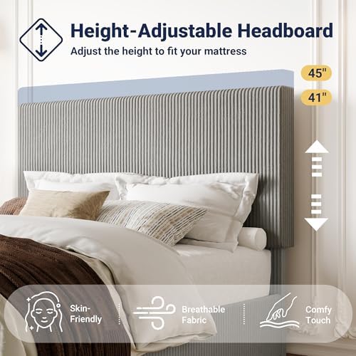Allewie Queen Bed Frame, Adjustable Corduroy Headboard, Platform, Grey
