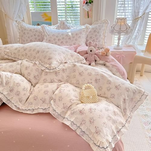 Floral Cotton Duvet Cover Queen Size 3 Pcs Set,90"×90" Bedding