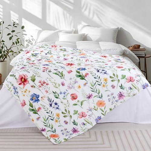Floral Blanket Colorful Plants Wildflowers Throw Blanket Botanical Flowers Printed Blankets Soft Cozy Flannel Fleece Bed Blankets for Couch Sofa Bed Lounging