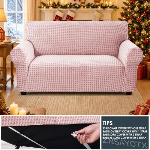 ZNSAYOTX 1 Piece Stretch Loveseat Cover (55"-71") New-Houndstooth Texture, Thick Sofa Covers for 2 Cushion Couch Universal Sofa Slip Cover with Elastic Bottom & Buckle, Soft Protector Dusty Pink