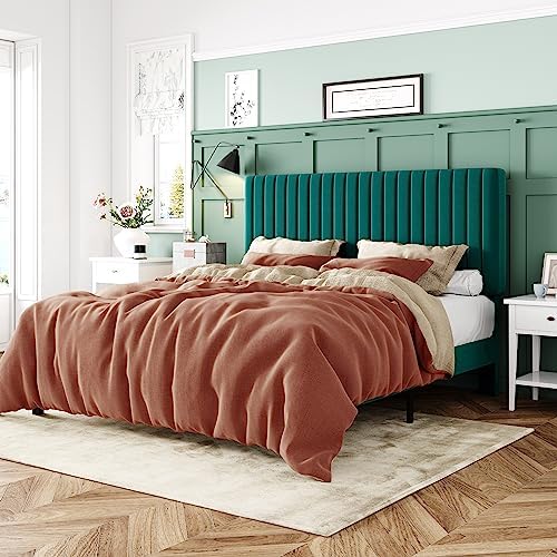 Allewie Queen Bed Frame, Velvet Upholstered Platform Bed with Adjustable Vertical Channel Tufted Headboard, Mattress Foundation with Strong Wooden Slats, Box Spring Optional, Easy Assembly, Teal