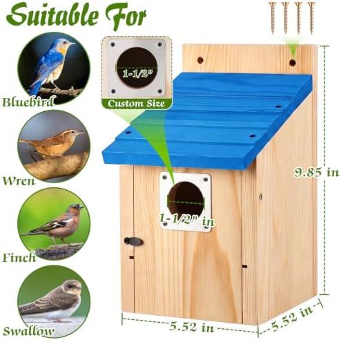 Dreyoo 4 Pack Bluebird Houses for Outside with Metal Predator Guard, 1-1/2" Entrance Hole Wooden Blue Bird Houses for Outdoors, Bluebird Nesting Box(Blue Roof, Wood Body)