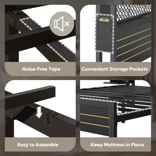 Bestier King Bed Frame with Horizontal Golden Stripe Storage Headboard&LED Nightstands, Metal Platform Bed with Charging Station, Heavy Duty Metal Slats, No Box Spring Needed, Noise Free(Matte Black)