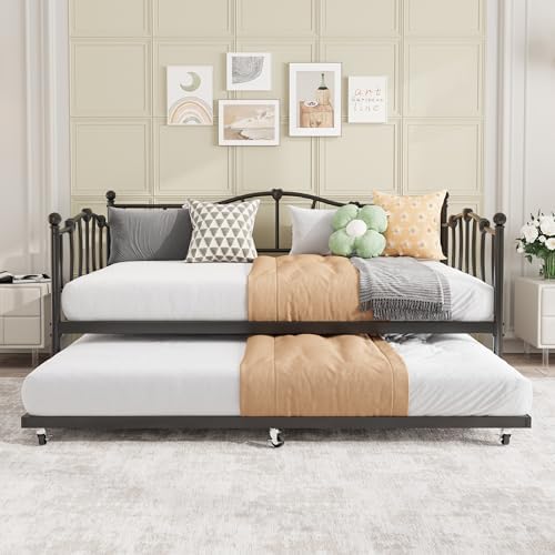 GarveeHome Twin Daybed with Trundle, Metal Sofa Bed Frame with Steel Slat Support, Twin Size Space-Saving Furniture for Living Room, Bedroom, Love Heart Design, No Box Spring Needed, Black