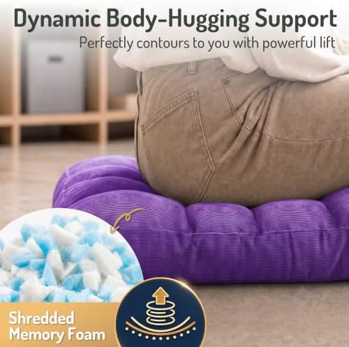 Degrees of Comfort Square Tufted Corduroy Floor Cushions, Large Pillows Seating for Adults, Meditation Pillow for Balcony Tatami Living Room, 22x22 Inch, Purple