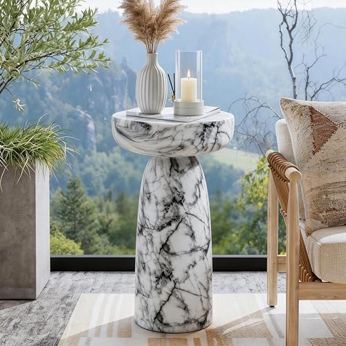 Faux Marble Side Table, 24Inch Outdoor End Table Pedestal