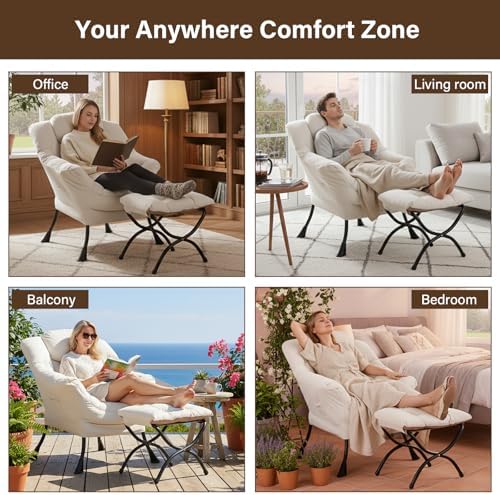 Welnow Lazy Chair with Ottoman, Reading Chair with Footrest, Off‑White
