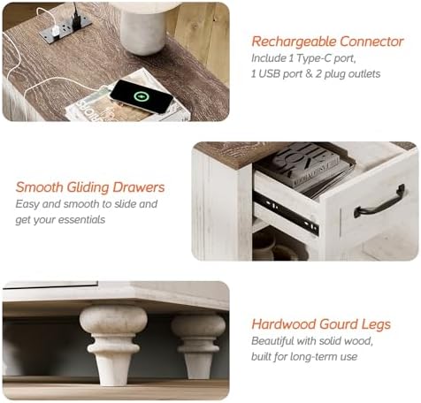 WAMPAT Narrow End Table with Charging Station, Wood Nightstand with Storage