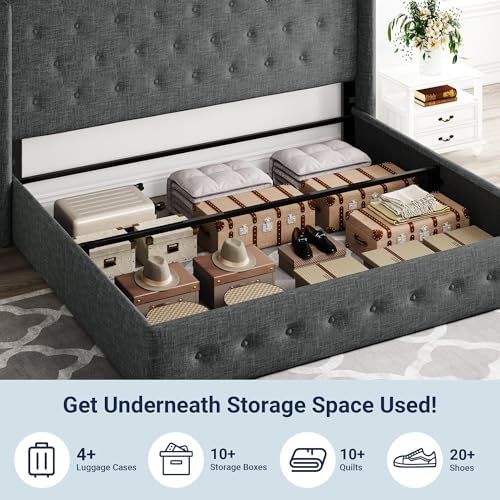 Allewie King Size Lift Up Storage Button-Tufted Bed Frame Dark Grey