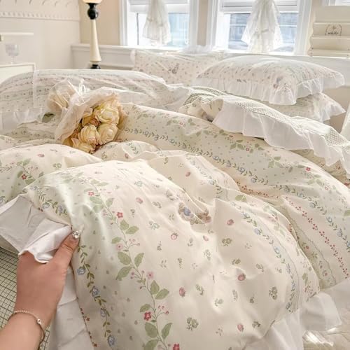 Cute Rabbits White Ruffle Duvet Cover Full Size Reversible Green Plaid Comforter Cover with 2 Pillowcases 100% Cotton Garden Girls Bedding Set with Zipper Closure, Full 80 * 90”