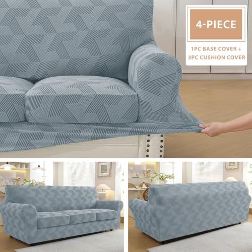 ZNSAYOTX 4 Piece Stretch X-Large Couch Covers (92"-112") New-Rectangle Texture, Thick Sofa Covers for 3 Cushion Oversized Couch Universal Sofa Slip Cover with Elastic Bottom & Buckle, Light Grey