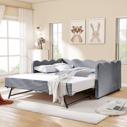 Full Size Daybed with Pop Up Trundle, Linen Gingham Full to King Daybed with USB Ports, Upholstered Day Bed Frame, Modern Sofa Bed for Bedroom/Living Room/Guest Room, No Box Spring Needed, Navy