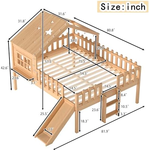 Full Loft Bed with Slide and Ladders, Solid Wood Low Loft Bed with Tray, Lights, Playhouse Roof, House Loftbed Frame for Kids, Boys, Girls, Childlike and No Box Spring Needed Design, Natural