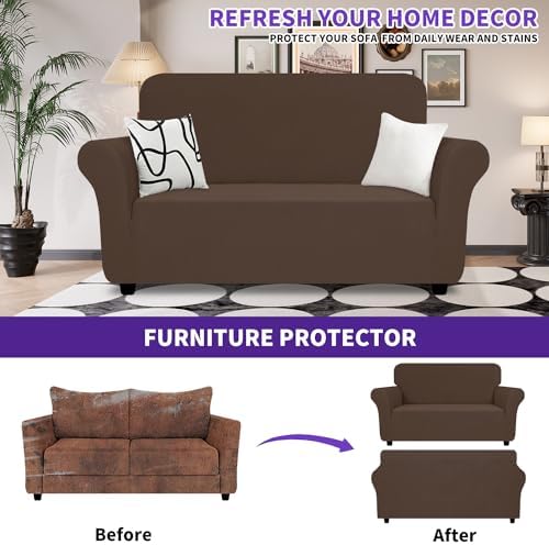 ZNSAYOTX Super Stretch Loveseat Covers (57"-70"), New Striped Love Seat Slipcover, Dogs Pet Friendly Anti-Slip Couch Protector Spandex Durable 2 Seater Fabric Sofa Cover (Coffee, Loveseat)