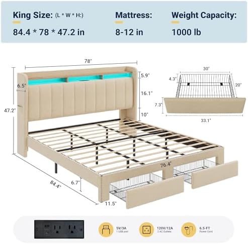 Allewie King Size Bed Frame with 2-Tier Storage Headboard & 2 Large Drawers