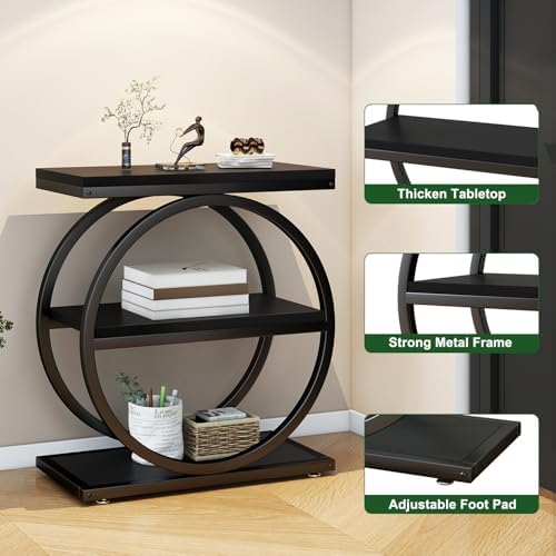 IBUYKE Narrow End Table with 3 Storage Shelves, Black UTMJ418B