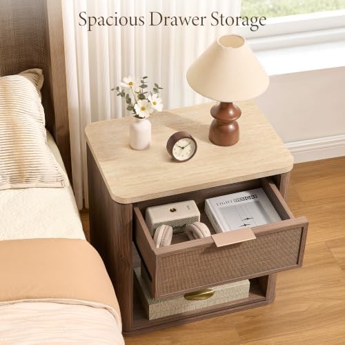 Night Stand, Rattan Nightstand with 1 Drawer&Open Shelf