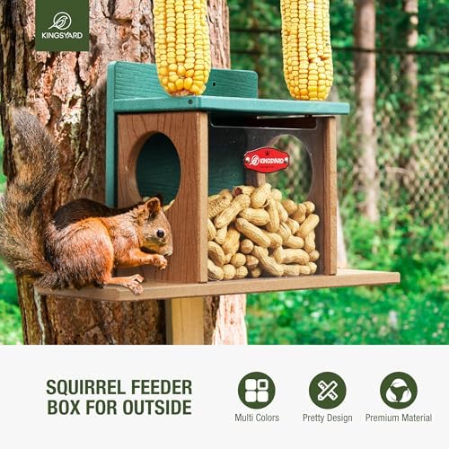 Kingsyard Squirrel Feeder Box for Outside, Recycled Plastic Squirrel Feeder Box with Corn Cob Holders, Easy to Refill & Clean, Weather-Proof Roof (Green)