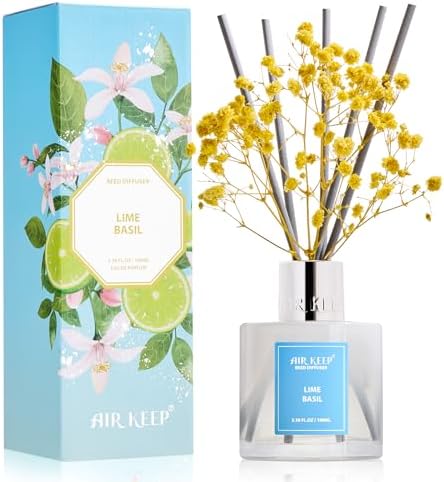 Airkeep Reed Diffuser Set,3.38 fl oz (100 ml) - Lime Basil Oil Diffusers with 8 Reed Sticks, Home Fragrance Reed Diffuser for Bathroom Shelf Decor