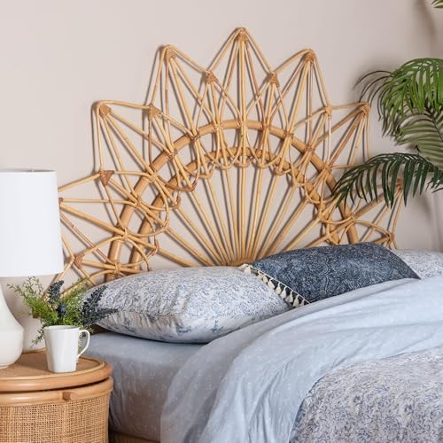 Bali & pari Solara Natural Rattan Headboard - Handwoven Wicker Wall-Mount Headboard in Sunburst Shape, Coastal Boho Bedroom Backdrop, Queen