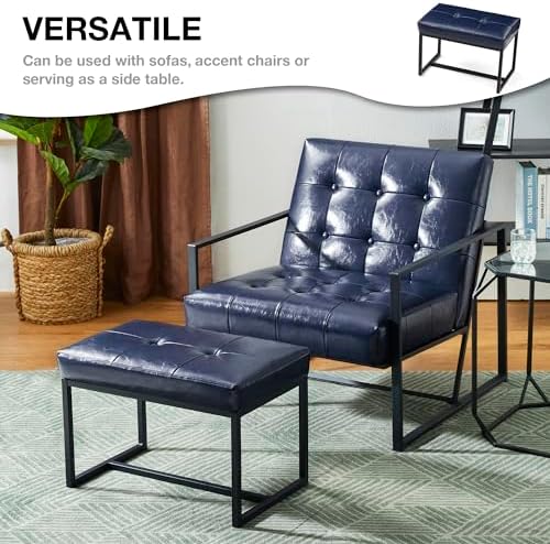 Glitzhome Ottoman Bench, Modern PU Leather Vanity Stools Chairs with Metal Frame, Makeup Stool Padded Foot Rest Stool for Living Room Vanity, Entryway, Bathroom,Navy Blue