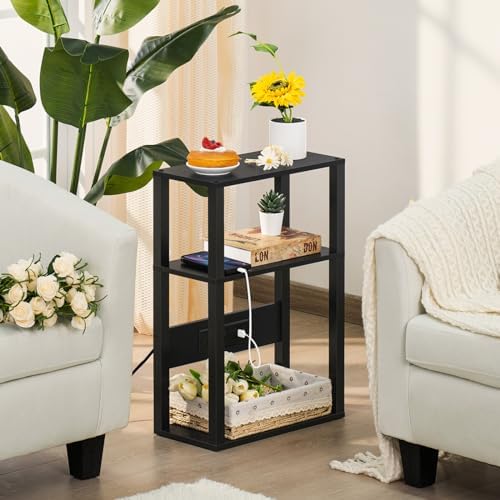 YUFAM 3-Tier Small Narrow Wood Side Table with Charging Station, Skinny Nightstand for Small Space, Slim Bedside Table with Storage for Couch, Thin End Table with USB Ports and Outlets, Black
