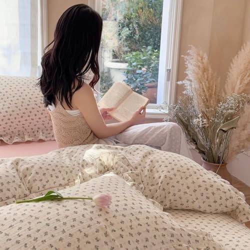 Cottage Floral Duvet Cover Twin with Ruffles, Bellflower, No Pillow
