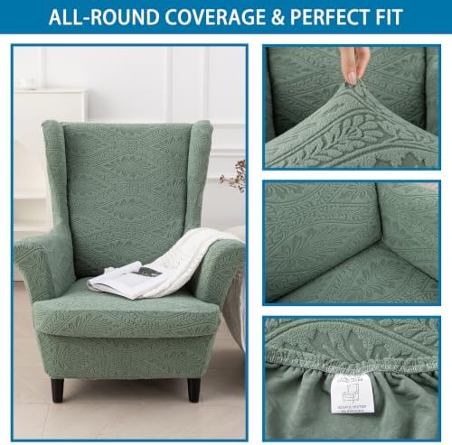 HZDHCLH Wingback Chair Slipcovers 2 Piece Stretch Spandex Chair Covers Washable Armchair Protector with Elastic Fit for Living Room Bedroom Green Embossed Leaf Pattern
