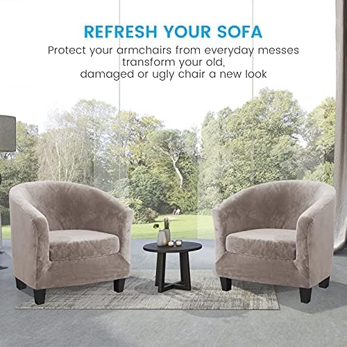 MIFXIN 2-Piece Velvet Tub Chair Covers with Cushion Cover Stretch Soft Removable Tub Chair Slipcovers Armchair Sofa Couch Furniture Protector for Living Room Club Bar Counter (Light Tan)