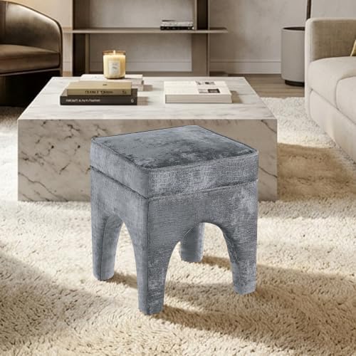 Get Set Style Upholstered Textured Woven Accent Stool, Arched Solid Wood Leg Ottoman Foot Rest, Square Decorative Bench for Living Room Entryway Bedroom (Charcoal)