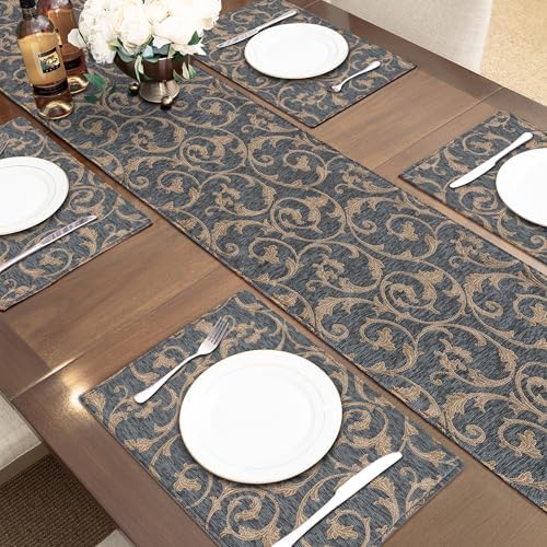 Loom and Mill Chenille Damask Table Runner 72 inches Long, Blue-Grey+Khaki