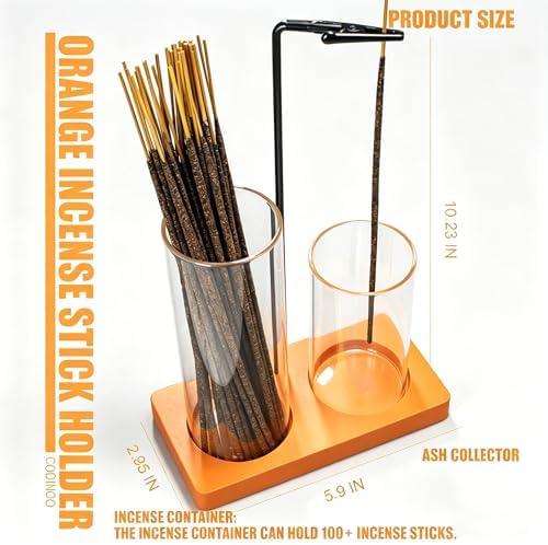 2 in 1 Incense Holder for Sticks Incense Burner Holder with Storage,Glass Upside Down Incense Holder for Sticks with Glass Ash Catcher for Meditation Yoga Spa Room Home Decor[Orange]